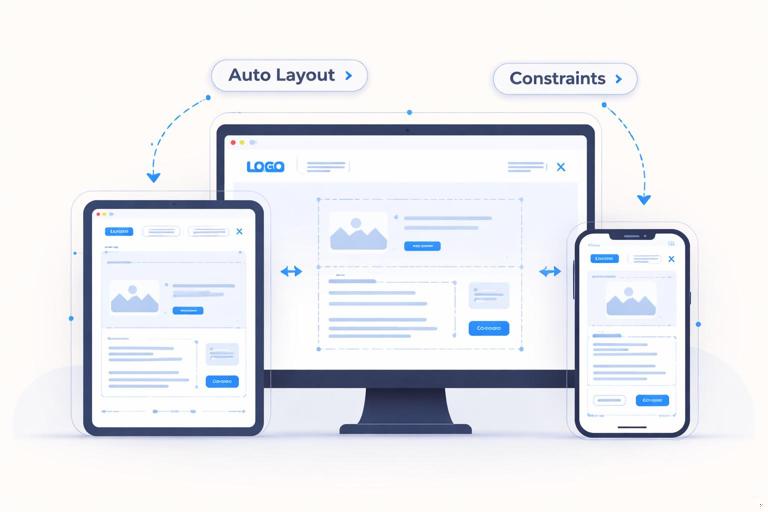 Ilustração estilo flat e limpa de uma interface sendo redimensionada (desktop, tablet e mobile) com setas mostrando ajuste automático de componentes; elementos de UI em layout de Figma com rótulos Auto Layout e Constraints discretos; paleta neutra com azul; fundo claro; aspecto didático, sem texto legível