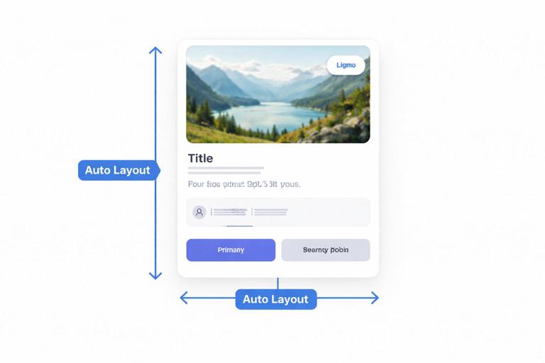 Card responsivo em layout de Figma com imagem de capa no topo, título e descrição, metadados e botões; setas mostrando Auto Layout vertical e horizontal; um badge no canto superior direito preso por constraints; estilo clean, vetorial, fundo claro, sem texto legível