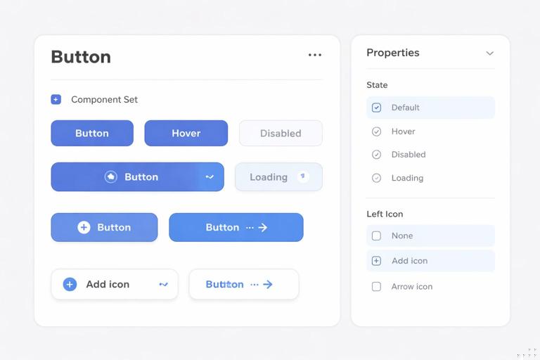 Ilustração didática de um botão de interface em um canvas de design, mostrando variantes e propriedades: um component set de botão com estados Default, Hover, Disabled e Loading, e opções de ícone à esquerda e à direita, estilo Figma, visual limpo, fundo neutro, foco em UI components e painel de propriedades