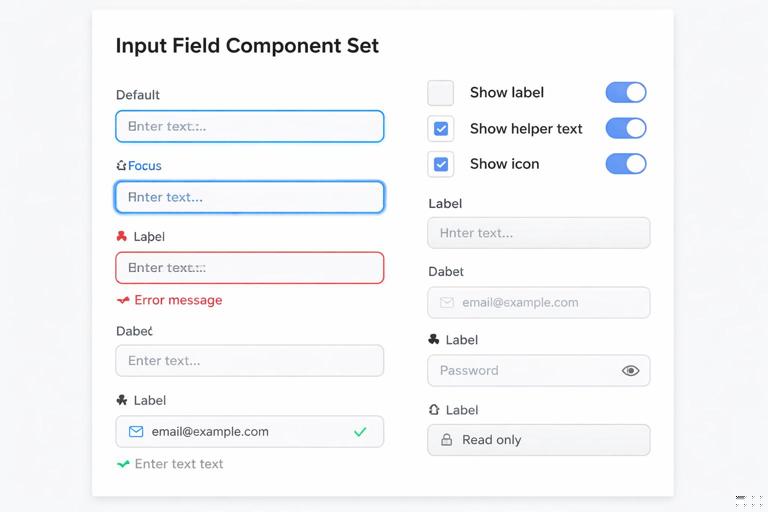 Ilustração de um sistema de componentes de input em um arquivo de design: um component set de campo de texto com estados Default, Focus, Error e Disabled, e propriedades para mostrar/ocultar label, helper text e ícones, estilo Figma, layout organizado, fundo claro, aparência profissional