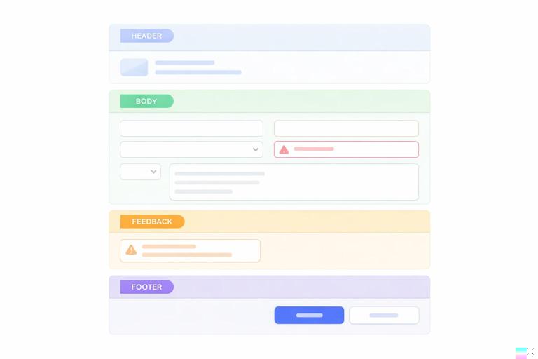 Ilustração de UI/UX em estilo clean: uma seção de formulário modular destacada com quatro áreas rotuladas visualmente por cor (header, body, feedback, footer), mostrando campos, mensagens de erro e botões; layout em grid, aparência de design system; sem texto legível.
