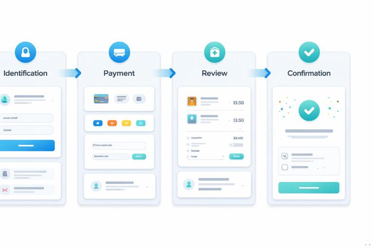 Ilustração de fluxo de checkout em estilo design system: quatro etapas conectadas (identificação, pagamento, revisão, confirmação) com componentes reutilizáveis como item do carrinho, cupom e seleção de pagamento; visual limpo, modular, com cartões e setas; sem texto legível.