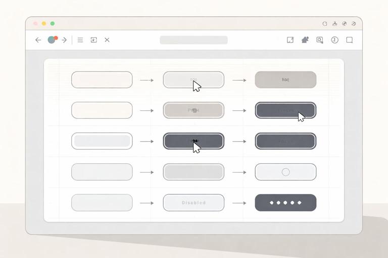 Ilustração em estilo editorial flat de uma tela de design (tipo Figma) mostrando um componente de botão com várias variantes de estado (Default, Hover, Pressed, Focus, Disabled, Loading) em uma grade, com setas indicando transições de interação, cores neutras e foco em consistência visual, sem texto legível.