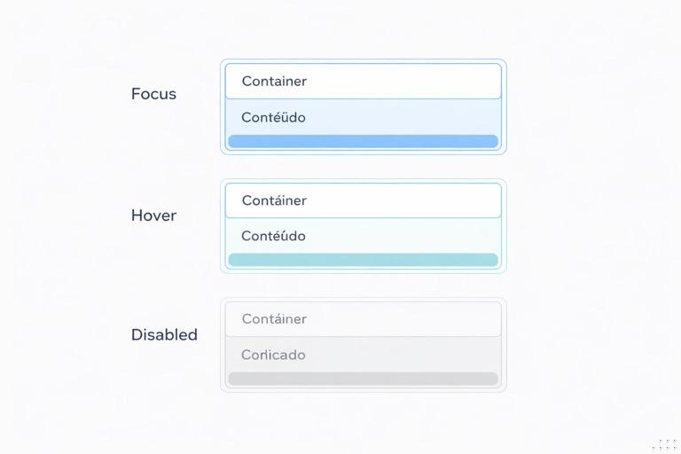 Diagrama simples em estilo UI/UX mostrando um componente dividido em três camadas rotuladas de forma genérica (container, conteúdo, indicador), com três estados comparativos (Focus, Hover, Disabled) destacando quais camadas mudam em cada um, visual limpo, cores suaves, sem texto legível.