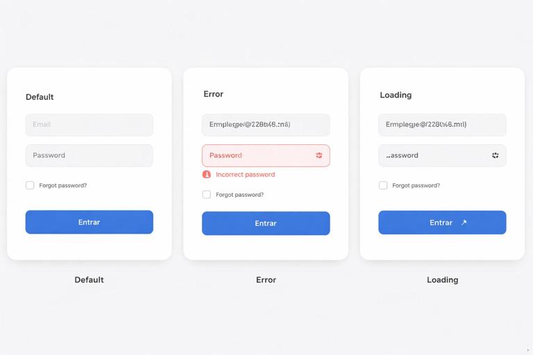 Tela de protótipo de login em estilo UI clean com campos de email e senha, checkbox lembrar, link esqueci a senha e botão Entrar em três cenários (Default, Error com mensagem, Loading com spinner), apresentados lado a lado como variações, visual consistente, sem marcas ou texto legível.