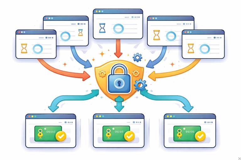 Ilustração conceitual mostrando múltiplas abas de navegador gerando várias requisições e um mecanismo de lock para refresh token, com setas convergindo para uma única chamada de refresh e depois distribuindo o novo access token, estilo flat moderno, sem texto legível