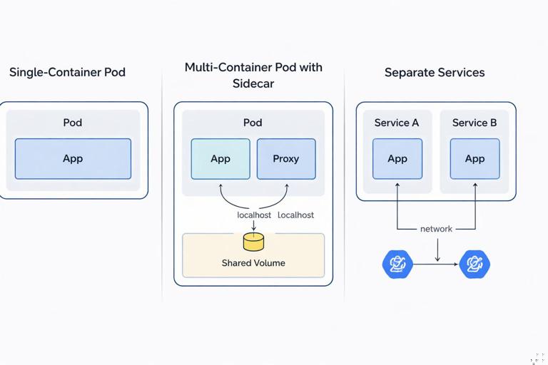 Technical diagram comparing Kubernetes patterns: a single-container Pod, a multi-container Pod with sidecar (app + proxy sharing localhost and volume), and two separate services communicating over network via Service. Clean labeled boxes, minimal vector style, light background, no clutter.