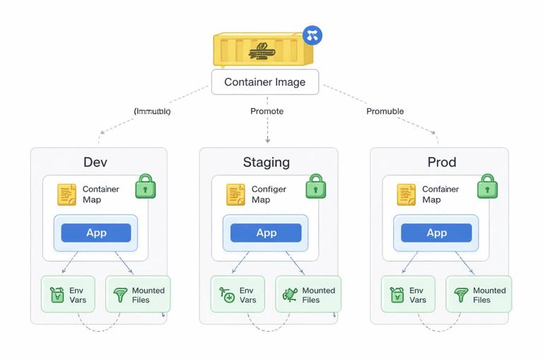 Illustration of immutable container image promoted across environments with runtime-injected configuration: show a single image artifact flowing to dev/staging/prod, while ConfigMaps and Secrets inject env vars and mounted files at runtime. Kubernetes-themed clean vector diagram, labeled arrows, neutral palette.
