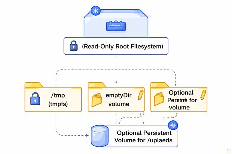 Diagram showing a container with a read-only root filesystem and explicit writable mounts: /tmp as tmpfs, an emptyDir volume, and an optional persistent volume for uploads; include lock icons on read-only paths and write icons on allowed directories. Clean Kubernetes-style vector, labeled mounts.