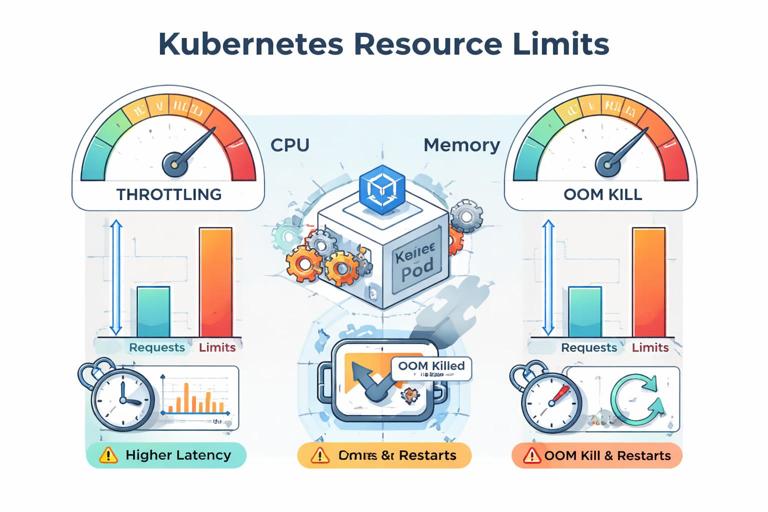 Conceptual diagram of Kubernetes resource limits: a pod under CPU throttling (higher latency meter) and memory limit causing OOM kill and restart loop; show requests vs limits bars. Clean infographic style, labeled CPU and memory gauges.