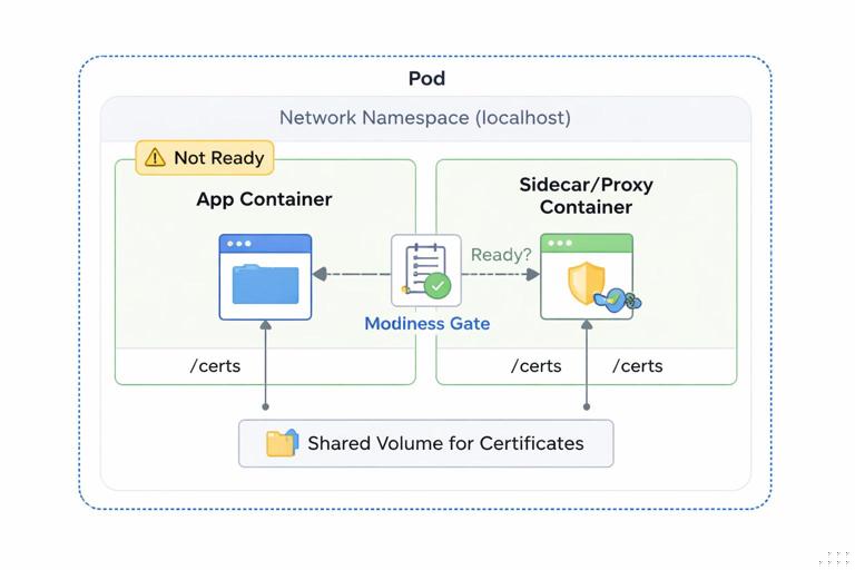Diagram of a Kubernetes Pod boundary containing two containers (app and sidecar) sharing localhost network and a shared volume for certificates; include readiness gate concept showing app not ready until sidecar/proxy reachable. Clean technical vector diagram with labeled namespaces and volume mounts.