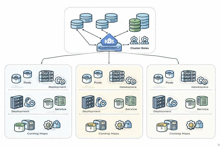 Illustration of a Kubernetes cluster divided into multiple namespaces as clear tenant boundaries, showing namespaced resources (pods, services, deployments, configmaps) inside each namespace and cluster-scoped resources (nodes, persistent volumes, cluster roles) outside; clean flat infographic style, muted colors, high readability, no text labels.