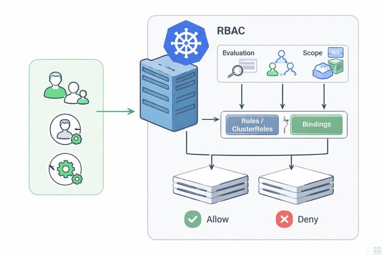 Diagram showing Kubernetes API server with RBAC authorization flow: authenticated identity (user/group/service account) sending request, RBAC evaluating verb, resource, apiGroup, and scope (namespace vs cluster) using Roles/ClusterRoles and Bindings, then allow or deny; clean technical vector style, no text labels.