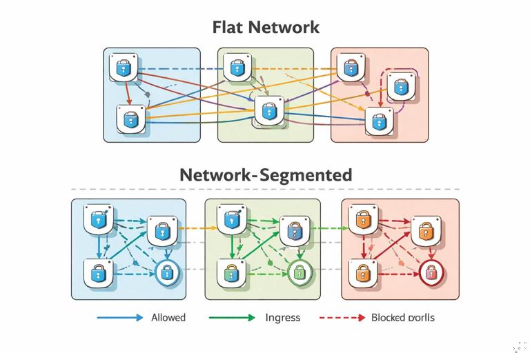 Infographic of Kubernetes flat network vs network-segmented design: multiple pods across namespaces with traffic lines, then NetworkPolicy rules restricting ingress and egress with allowed paths highlighted; clean schematic vector, muted colors, no text labels.