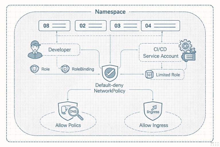 Blueprint-style diagram of a single Kubernetes namespace configured secure-by-default: namespace labels, developer Role+RoleBinding, CI service account with limited Role, default-deny NetworkPolicy, and specific allow policies for DNS and ingress; clean architectural schematic, muted colors, no text labels.