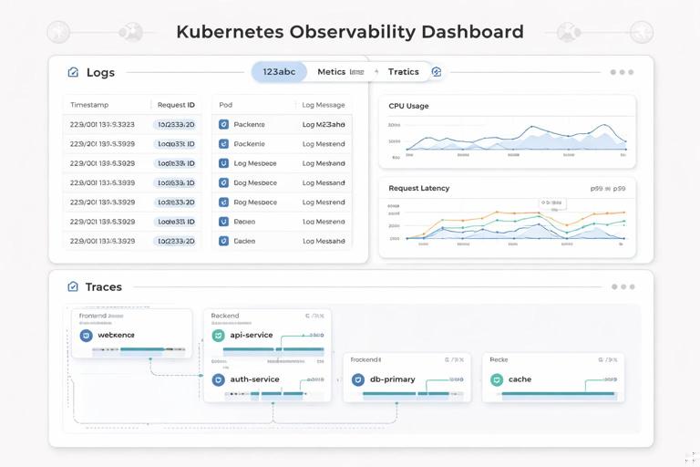 Illustration of a Kubernetes observability dashboard concept showing logs, metrics charts, and distributed traces connected by a shared request ID; clean modern UI, labeled components like pods, services, namespaces; technical diagram style, high clarity, neutral colors.