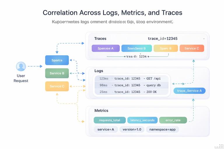 Technical diagram showing correlation across logs, metrics, and traces in Kubernetes: request flow through services, trace spans, log lines with trace_id, metrics labeled by service/version/namespace; clear labeled arrows and metadata; minimalist infographic style.