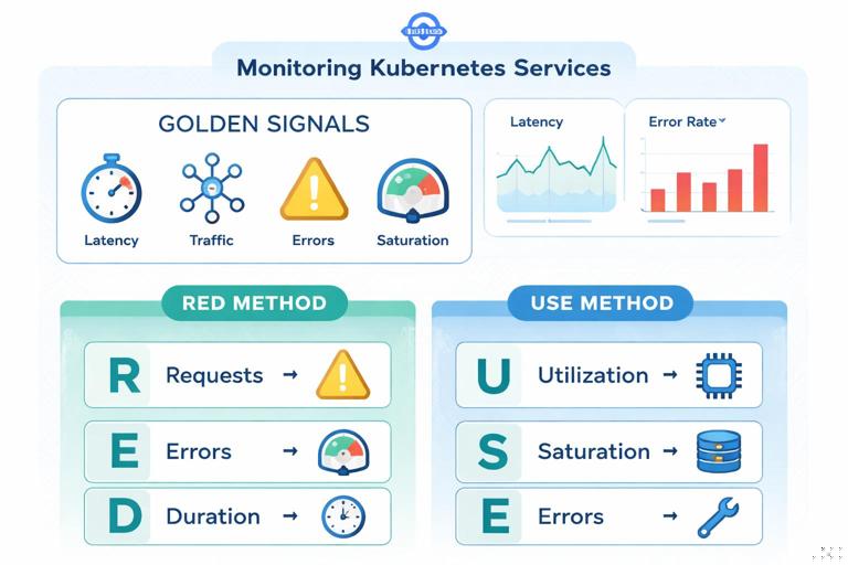 Infographic showing Golden Signals and RED/USE methods for Kubernetes services: four golden signals with simple icons, plus RED and USE breakdown; include sample graphs for latency and error rate; clean vector style on light background.