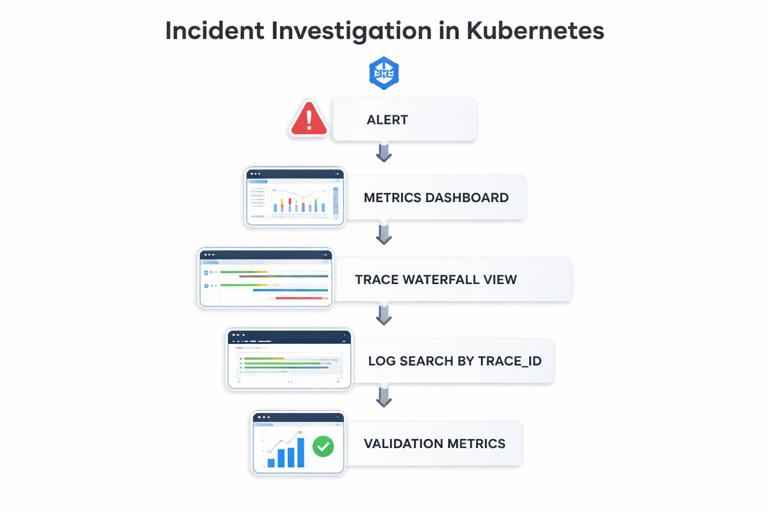 Incident investigation flowchart in a Kubernetes environment: start at alert, then metrics dashboard, then trace waterfall view, then log search by trace_id, then validation metrics; clean step-by-step infographic with arrows, modern SRE style.