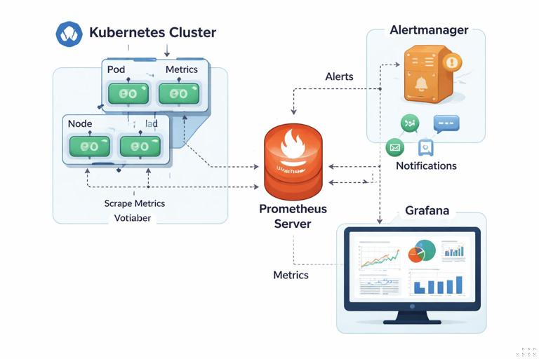 Illustration of a Kubernetes cluster monitoring stack: Prometheus server scraping metrics from pods and nodes, Alertmanager routing notifications, and Grafana displaying dashboards; clean flat diagram style, labeled components, professional technical infographic, high resolution.