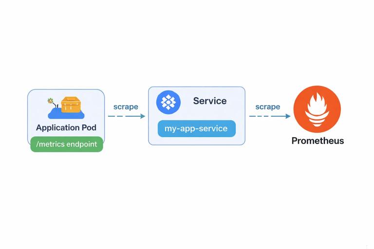 Developer exposing Prometheus metrics in a Kubernetes service: an application pod serving a /metrics endpoint, a Service selecting the pod, and Prometheus scraping it; simple clear diagram, modern flat style, labeled arrows and components.