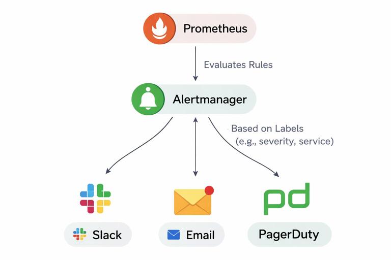 Diagram of alert flow: Prometheus evaluates rules, sends alerts to Alertmanager, Alertmanager groups and routes to Slack, email, and PagerDuty based on labels like severity and service; clean labeled flowchart, flat design.