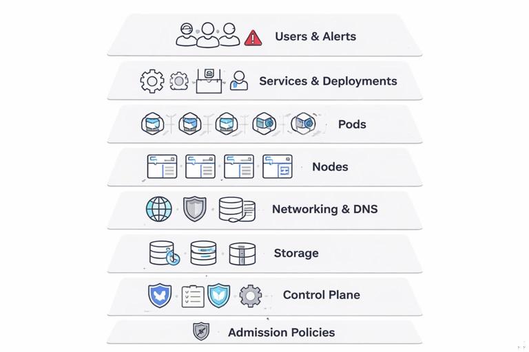 Illustration of a layered Kubernetes troubleshooting stack: users and alerts at the top, then services and deployments, pods, nodes, networking/DNS, storage, control plane, and admission policies; clean flat diagram style, labels, neutral colors, modern tech infographic.
