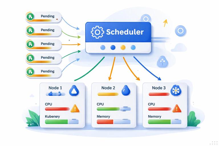 Kubernetes scheduler troubleshooting scene: multiple pods labeled Pending waiting in a queue, nodes with resource meters (CPU, memory) and taint icons, a scheduler component in the center with decision arrows; clean vector infographic, modern flat style.