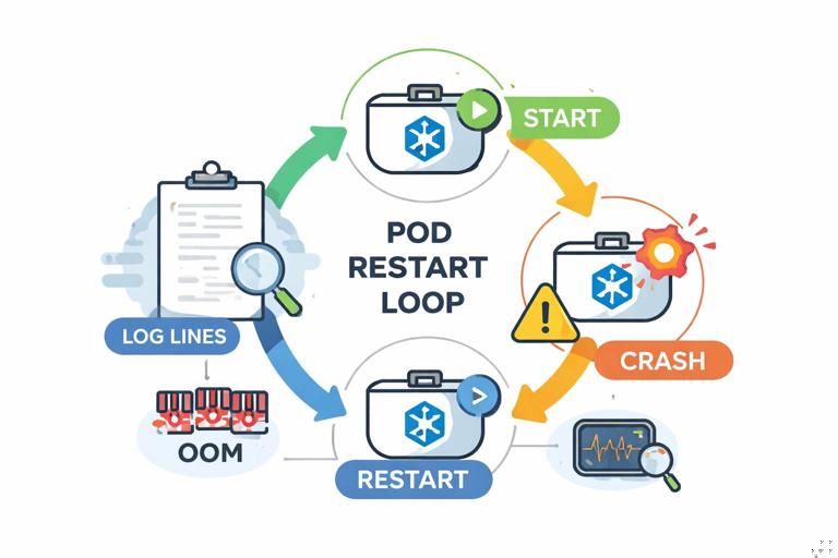 Kubernetes pod restart loop illustration: a pod icon cycling through start, crash, restart with a warning symbol, log lines and an OOM and probe icons nearby; clean flat vector style, technical infographic.
