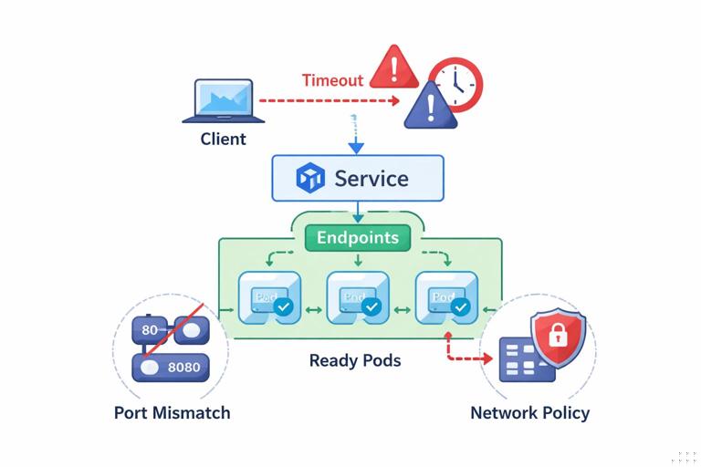 Kubernetes service networking troubleshooting diagram: a Service object with endpoints pointing to ready pods, but a timeout symbol on client requests; show port mismatch and network policy icons as possible causes; clean vector infographic style.