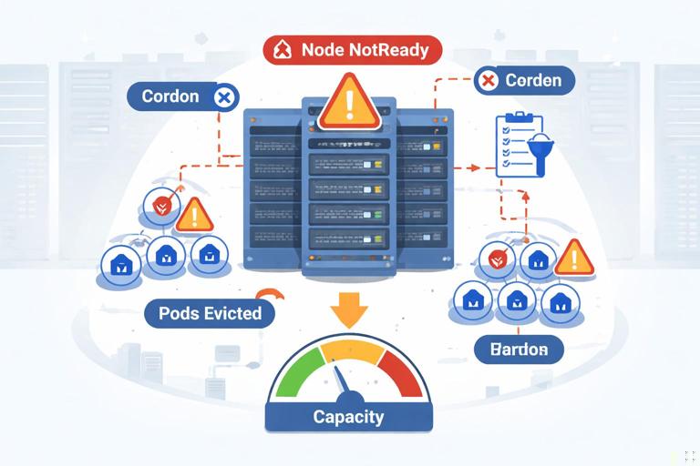 Kubernetes node failure incident illustration: a node marked NotReady with warning, pods being evicted, drain and cordon actions shown, capacity gauge dropping; clean flat vector infographic, data center background minimal.