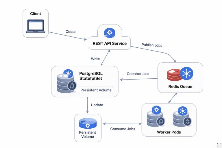 Illustration of a Kubernetes mini-project architecture: a client calling a REST API service, the API writing to a PostgreSQL StatefulSet with a persistent volume, and publishing jobs to a Redis queue; worker pods consume from Redis and update PostgreSQL. Clean modern diagram style, labeled components, arrows showing data flow, Kubernetes icons, light background.