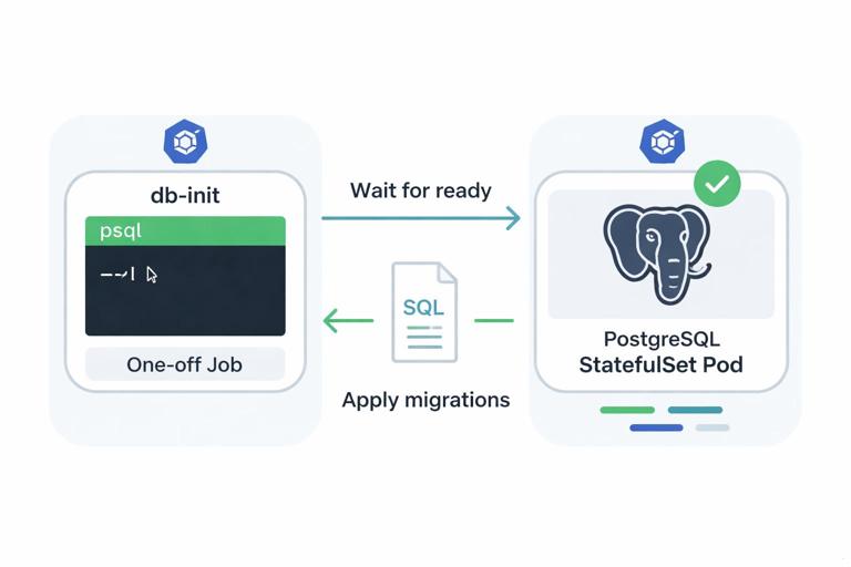 Kubernetes database initialization scene: a one-off Job pod labeled db-init running psql, waiting for a PostgreSQL StatefulSet pod to become ready, then applying SQL migrations. Visualize as a clean technical diagram with pods, arrows, and a small SQL script icon. Light background, modern flat style.