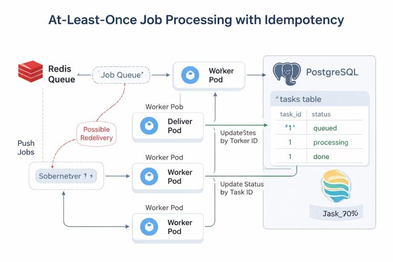 Conceptual diagram of at-least-once job processing with idempotency: Redis queue delivers jobs to multiple worker pods; workers update a PostgreSQL tasks table with status transitions queued to processing to done, using the task id primary key to prevent duplicate processing. Show possible redelivery and safe handling. Clean technical infographic style, labeled arrows, light background.