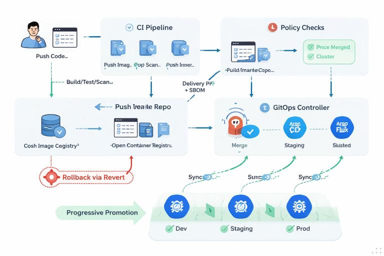 Illustration of a CI-to-GitOps delivery architecture: developer pushes code to app repo, CI pipeline builds/tests/scans, pushes container image to registry and produces SBOM/attestation, then opens a promotion pull request to a separate delivery repo; policy checks run on the PR; once merged, a GitOps controller (Argo CD/Flux) syncs to Kubernetes clusters for dev, staging, prod; show progressive promotion and rollback via git revert. Clean modern flat diagram style, labeled arrows, high readability.
