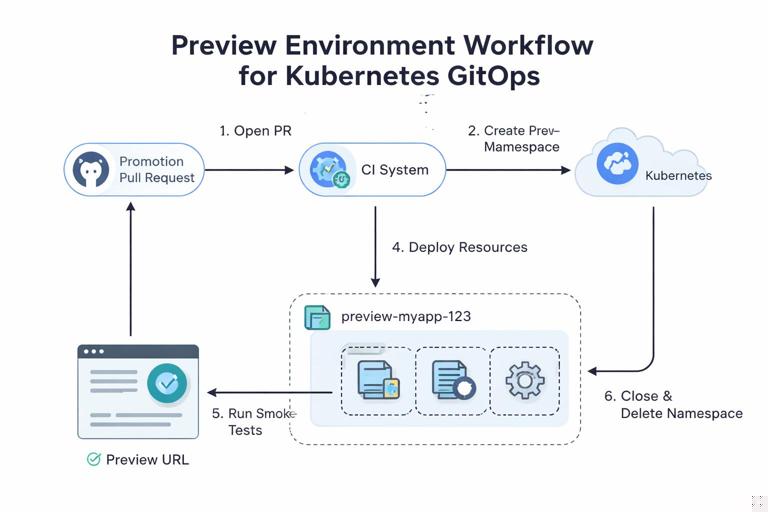 Diagram of a pull-request preview environment workflow for Kubernetes GitOps: promotion PR triggers CI to render manifests, create a temporary namespace named preview-myapp-123, deploy resources, run smoke tests against a preview URL, then delete namespace when PR closes. Clean technical infographic, labeled steps, minimal flat design.