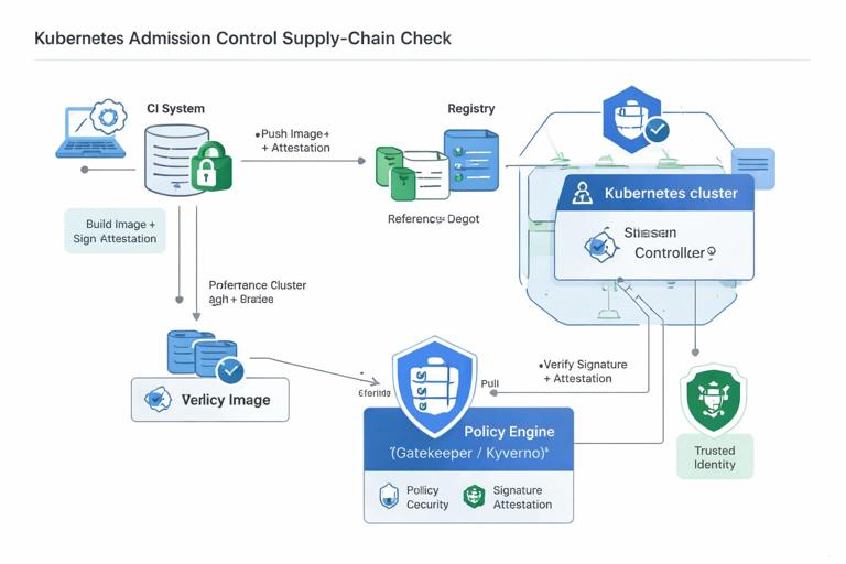 Security-focused diagram of a Kubernetes admission control supply-chain check: CI builds image, signs it and creates provenance attestation; delivery repo references digest; admission controller verifies signature and attestation against trusted identity before allowing deployment. Include actors: registry, policy engine (Gatekeeper/Kyverno), cluster. Clean enterprise infographic style.