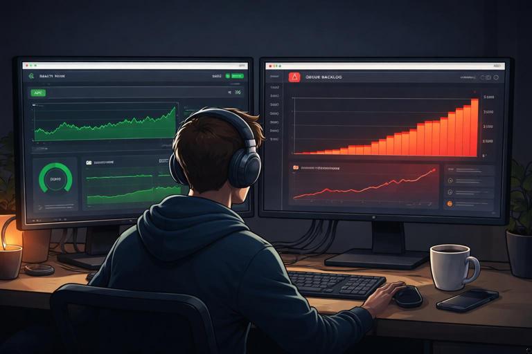On-call engineer looking at two monitors: one shows a healthy API dashboard, the other shows a queue backlog rising and oldest job age increasing; subtle warning colors, realistic but clean illustration, no readable text