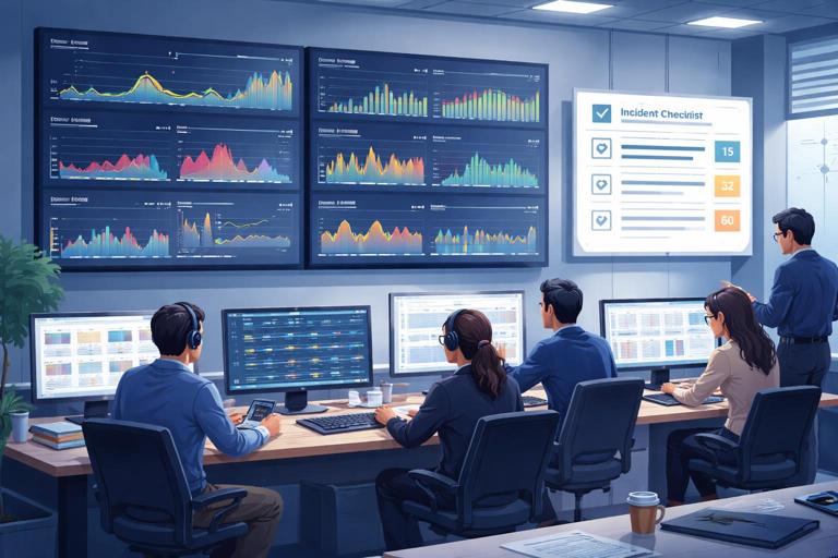 Incident response war room scene: engineers monitoring dashboards with golden signals (traffic, errors, latency, saturation) on large screens, an incident checklist with time boxes (5, 15, 60 minutes) visible as a paper or UI panel, calm focused atmosphere, modern office or remote grid, clean illustrative style, no readable text.