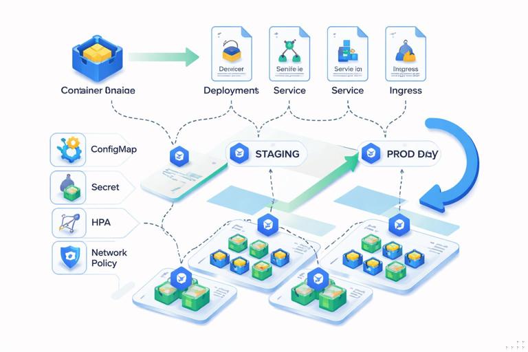 Illustration of Kubernetes application delivery: a container image being packaged into Kubernetes manifests (Deployment, Service, Ingress), with icons for ConfigMap, Secret, HPA, and NetworkPolicy, flowing through environments dev to staging to prod with rollback arrow; clean flat technical style on a light background.