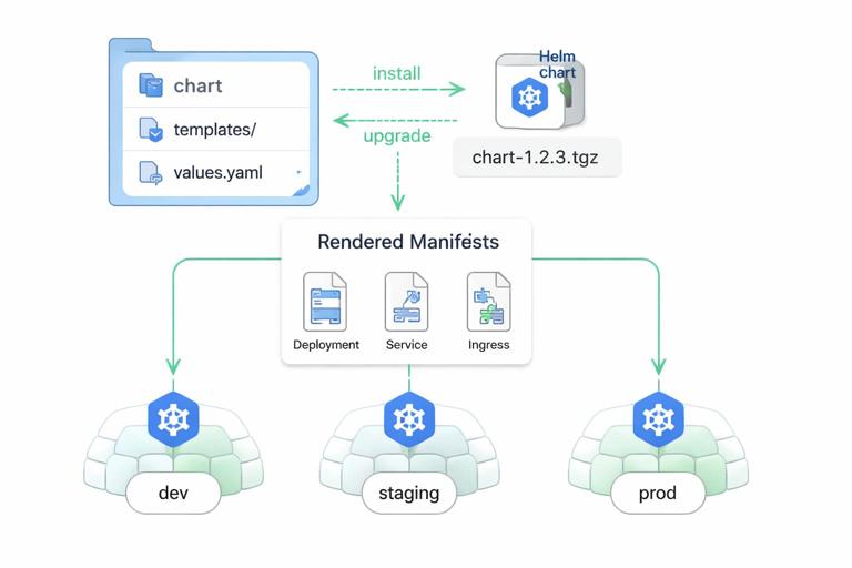 Diagram of Helm-based Kubernetes packaging: a chart directory with templates and values.yaml producing rendered manifests (Deployment, Service, Ingress) deployed to dev, staging, prod; include a versioned chart package icon and arrows showing install and upgrade; modern minimal vector style.