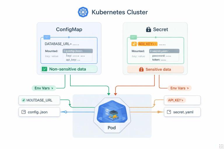 Illustration of a Kubernetes cluster showing a ConfigMap and a Secret as separate resources, both feeding configuration into a running Pod via environment variables and mounted files, with clear labels for non-sensitive vs sensitive data, clean technical diagram style on a light background.