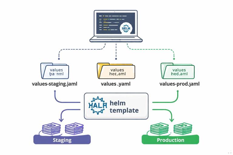 Developer workstation and CI pipeline deploying the same Helm chart to staging and production using different values files, shown as a clear split-path diagram: values.yaml plus values-staging.yaml and values-prod.yaml feeding Helm template into Kubernetes manifests, clean flat technical illustration.