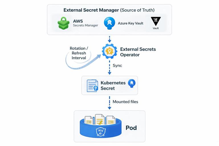 Diagram showing an external secret manager (AWS Secrets Manager, Azure Key Vault, or Vault) as source of truth, External Secrets Operator syncing into a Kubernetes Secret, then a Pod consuming it via mounted files, with arrows for rotation refresh interval, clean enterprise security illustration.