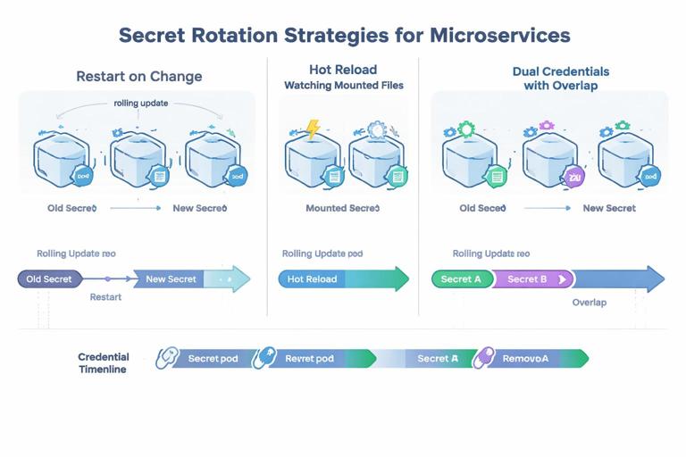 Technical diagram illustrating three secret rotation strategies for a microservice: restart on change, hot reload watching mounted files, and dual credentials with overlap; include rolling update pods and credential timeline, clean minimal vector style.