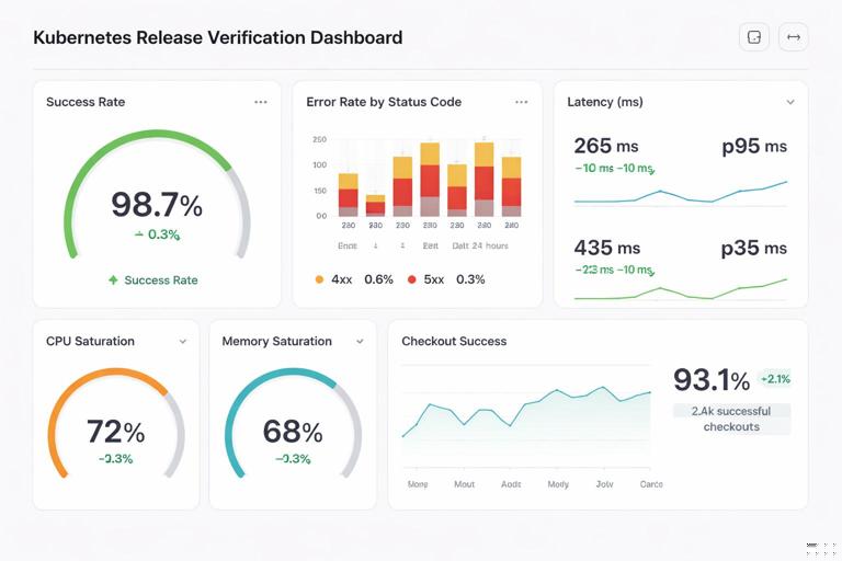 Illustration of a Kubernetes release verification dashboard with charts for success rate, error rate by status code, p95 and p99 latency, CPU and memory saturation gauges, and a business metric like checkout success, clean modern UI, neutral colors, no brand logos, high-resolution