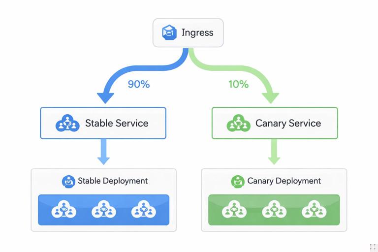 Conceptual canary traffic split diagram in Kubernetes: ingress routing 90% to stable service and 10% to canary service, arrows with percentages, two deployments behind services, clean minimal vector infographic, high-resolution, no logos