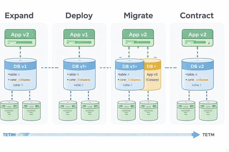 Expand-contract database migration infographic with four phases labeled Expand, Deploy, Migrate, Contract, showing two app versions (stable and canary) and database schema evolution over time, clean technical vector style, high-resolution, no logos