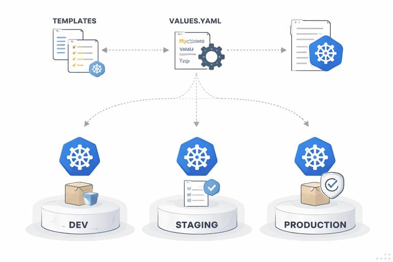 Illustration of a Helm chart reuse pipeline: templates generating Kubernetes manifests, values.yaml as configuration knobs, and a packaged versioned chart artifact moving through dev, staging, and production; clean flat vector style, Kubernetes icons, neutral colors, high clarity.