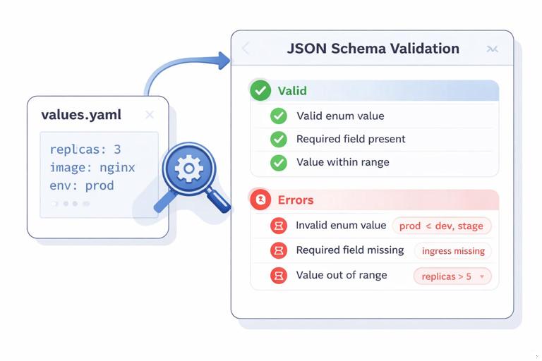 Visual concept of JSON Schema validation for Helm values: a values.yaml document feeding into a schema check, producing green checkmarks or red error messages with clear constraints (enums, numeric bounds, required fields); clean UI-style illustration, minimal, professional.